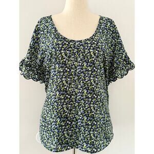 Michael Michael Kors XL Navy Floral Ruffle Sleeve, Romantic Cottagecore Blouse